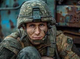 Portrait of a soldier wearing a helmet and camouflage - Powered by Adobe