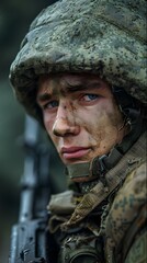 Fototapeta premium Portrait of a Soldier Covered in Mud and Rain