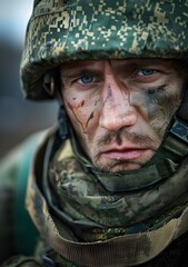 Obraz premium Portrait of a soldier with camouflage on his face