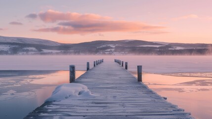 Symmetrical view of jetty on frozen lake with hills in background at sunrise, capturing tranquil winter morning scenery