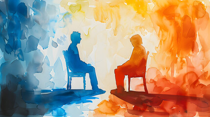 Watercolor painting of two people having a therapy session, focusing on mental health concepts.