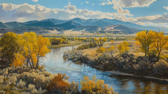 The rio grande flowing northward through the scenic landscapes near taos, northern new mexico, usa