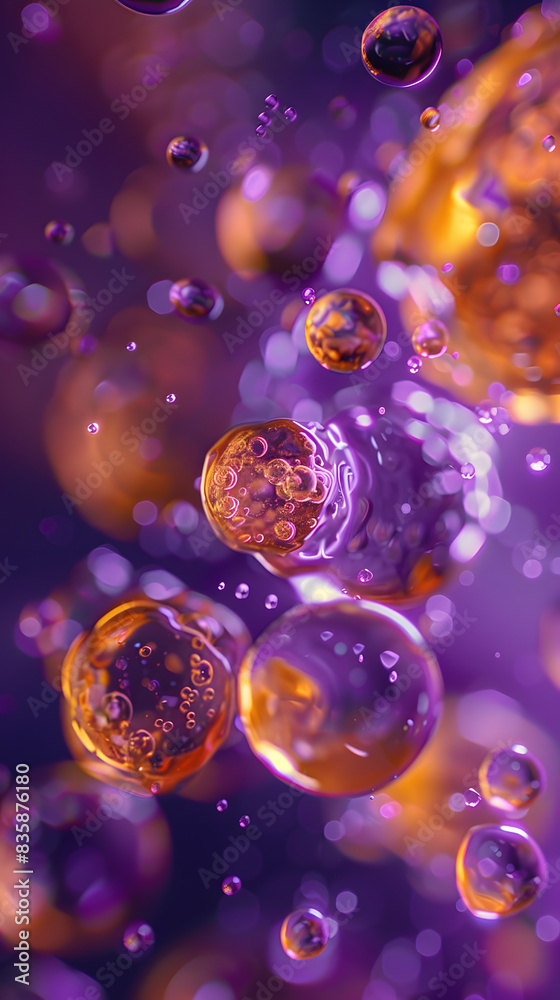 Wall mural  a round cell in which viscous liquid honey bubbles mix with purple liquid shapes