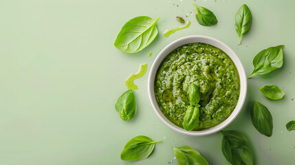 Vista cenital de cuenco con sopa o crema verde sobre una mesa con hojas frescas a su alrededor. Comida sana de verduras verdes.