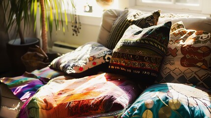 Bohemian living room, close-up on layered textiles and colorful cushions, soft natural light  - Powered by Adobe