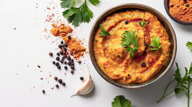vista cenital de plato vegano de hummus con cilantro encima de una mesa acompa&ntilde;ado con un diente de ajo y semillas de pimienta negra. Cuenco de comida vegana.