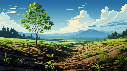 Obraz premium A close-up shot of a sapling being planted in deforested land, underscoring reforestation efforts and the role of trees in mitigating climate change by absorbing carbon dioxide. Painting Illustration