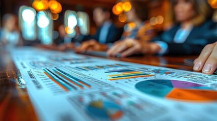 paperwork and group of peoples hands on a board room table at a business presentation or seminar the documents have financial or marketing figures graphs and charts on them .stock photo