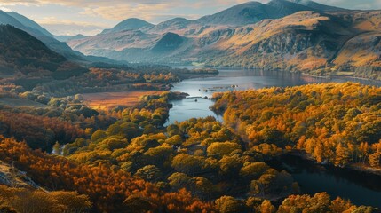 View of autumn landscape of llanberis and llyn padarn in wales with vibrant foliage and serene lake surrounded by majestic mountains