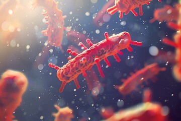 Close-up view of bacteria or virus cells under a microscope with a scientific, medical and biological background.