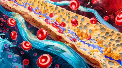 Colorful illustration of blood cells, arteries, and cholesterol plaque depicting cardiovascular health dynamics and circulation.