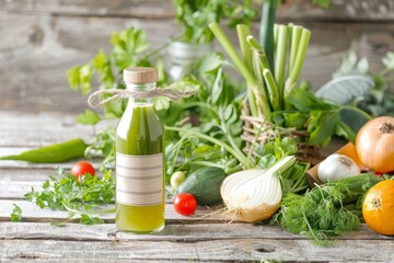 An elegant vegetable juice bottle with an artisanal label, placed on a wooden table with fresh vegetables and herbs around it. The image has a natural and organic feel.