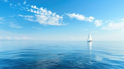 A calm sea with a distant sailboat and an expansive blue sky, perfect for adding text