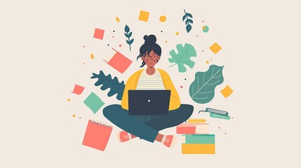 An illustration in 2D flat style featuring a Gen Z student studying online, with a laptop and digital notes. The minimalist design highlights the modern educational tools and remote learning
