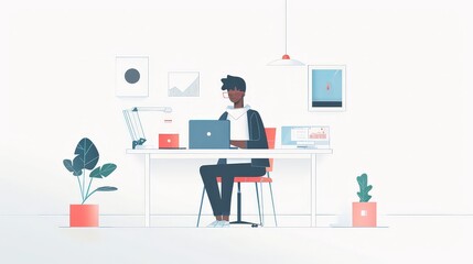 An illustration in 2D flat style featuring a Gen Z individual engaged in remote work, using digital tools like video conferencing. The minimalist design emphasizes the flexibility and adaptability of