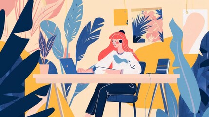 A flat design depiction of a Gen Z character participating in a creative workshop, like a writing or art class. The minimalist background highlights their pursuit of creative endeavors and continuous