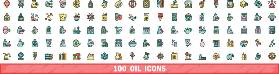 100 oil icons set. Color line set of oil vector icons thin line color flat on white