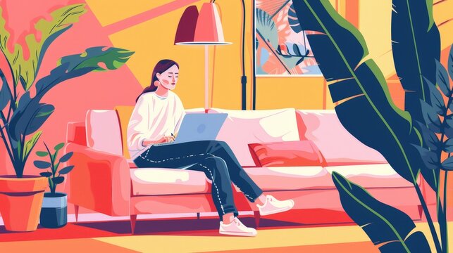 An illustration in 2D flat style featuring a Gen Z individual engaged in remote work, using digital tools like video conferencing. The minimalist design emphasizes the flexibility and adaptability of
