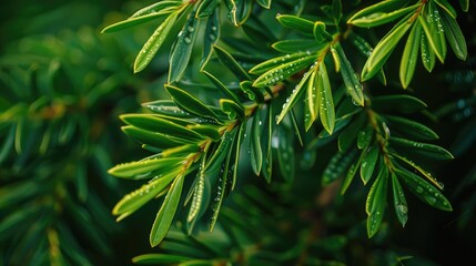 Close up of yew berry leaves in macro view