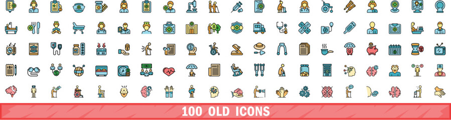 100 old icons set. Color line set of old vector icons thin line color flat on white