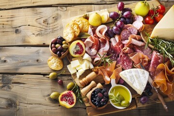 A beautifully arranged charcuterie board with a variety of cheeses, meats, and fruits, set on a...