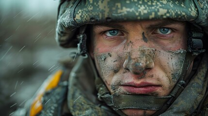 Fototapeta premium Portrait of a soldier with blue eyes and a camouflage helmet.
