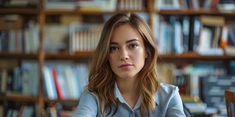 portrait of a young woman in a library
