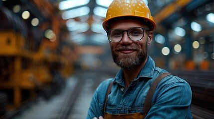 professional heavy industry engineer worker at steel factory wearing uniform glasses and hard hat american industrial specialist smilingly standing in metal construction manufacture .stock photo