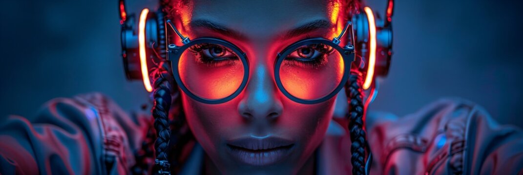 crazy female cyborg dj with futuristic headphones