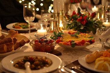 A festive holiday dinner table set with elegant decorations, candles, and a variety of delicious foods. The atmosphere is warm and inviting.