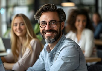 Obraz premium portrait of a smiling bearded man in glasses with two women in the background