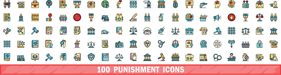 100 punishment icons set. Color line set of punishment vector icons thin line color flat on white