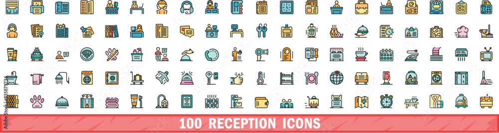 Poster 100 reception icons set. color line set of reception vector icons thin line color flat on white