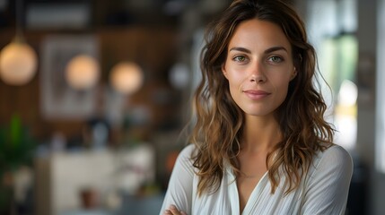 Fototapeta premium portrait of a beautiful young woman with long brown hair wearing a white shirt