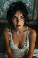 Fototapeta premium Portrait of a young woman with freckles and green eyes