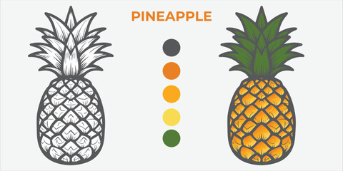 Black and White Vector Illustration of a pineapple for Coloring Book with color sample. 