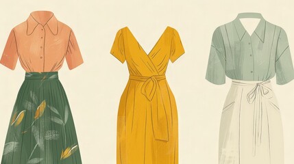 A minimalist depiction of 20th-century fashion, showcasing a selection of iconic garments from different decades. The artwork features a 1930s bias-cut dress, a 1950s circle skirt, and a 1970s