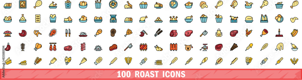 Wall mural 100 roast icons set. color line set of roast vector icons thin line color flat on white - Wall murals