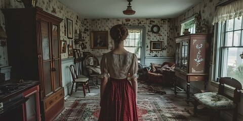Naklejka premium woman standing in a room full of antiques