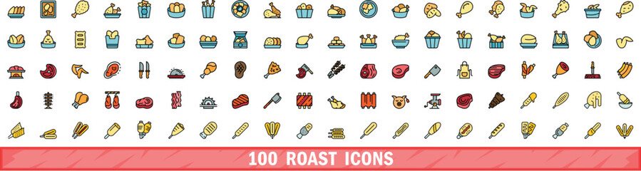 Fototapeta premium 100 roast icons set. Color line set of roast vector icons thin line color flat on white