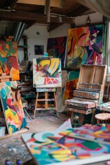 Fototapeta premium A creative artist's studio with various artworks in progress, vibrant colors, and an inspiring atmosphere.