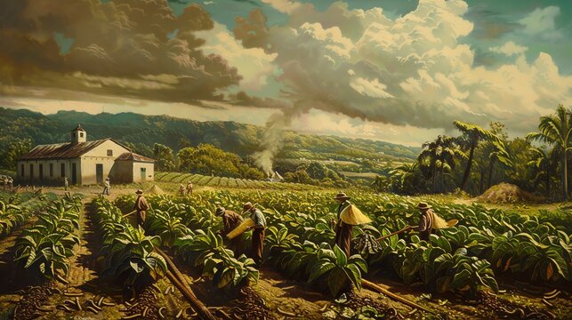 A man stands in a large field of tobacco plants.