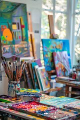 Fototapeta premium A creative artist's studio with various artworks in progress, vibrant colors, and an inspiring atmosphere.