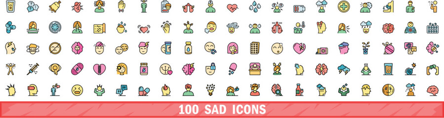 100 sad icons set. Color line set of sad vector icons thin line color flat on white