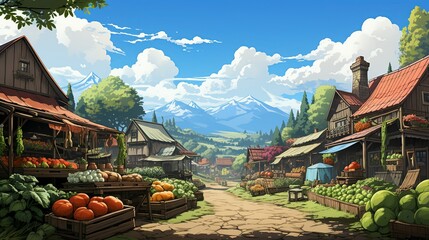 A photo of a bustling farmers' market with a variety of fresh, locally grown produce, emphasizing the benefits of sustainable agriculture and local food systems for the environment. Painting