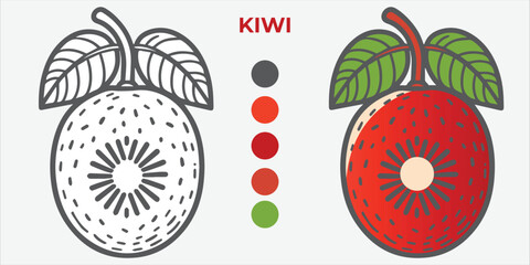 Black and White Vector Illustration of a kiwi for Coloring Book with color sample. 