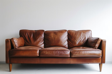 A front view photograph of a vintage brown color leather sofa against a pristine white wall. The three-seater leather couch, with its sleek lines and timeless design, is the focal