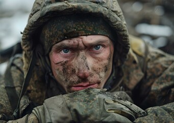 Fototapeta premium Portrait of a soldier in the field