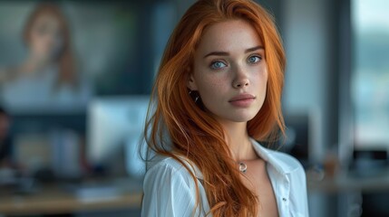Portrait of a Woman With Long Red Hair in a White Shirt