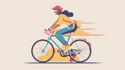 Obraz premium A flat design illustration of a character riding a retro bicycle, dressed in 80s fashion. The minimalist background focuses on the nostalgic appeal of classic designs and the character's retro